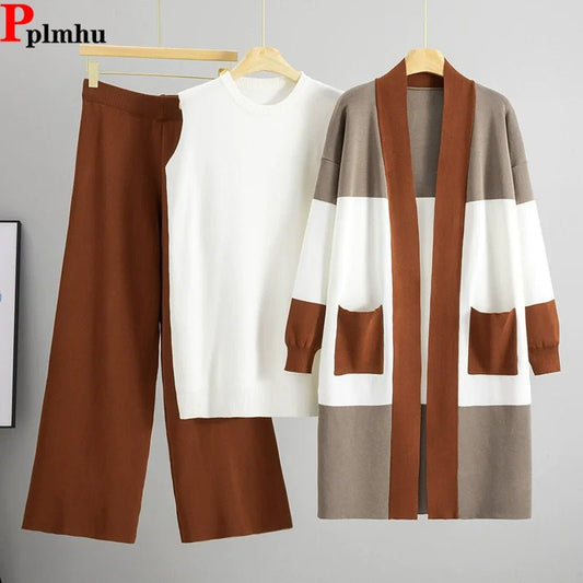 Korean Design Knitted 3 Piece Sets Women White Vest+mid Length Striped Sweater Cardigan Conjuntos High Waist Loose Pants Outfit.