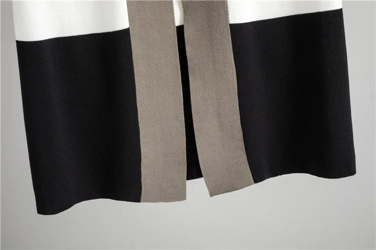Korean Design Knitted 3 Piece Sets Women White Vest+mid Length Striped Sweater Cardigan Conjuntos High Waist Loose Pants Outfit.