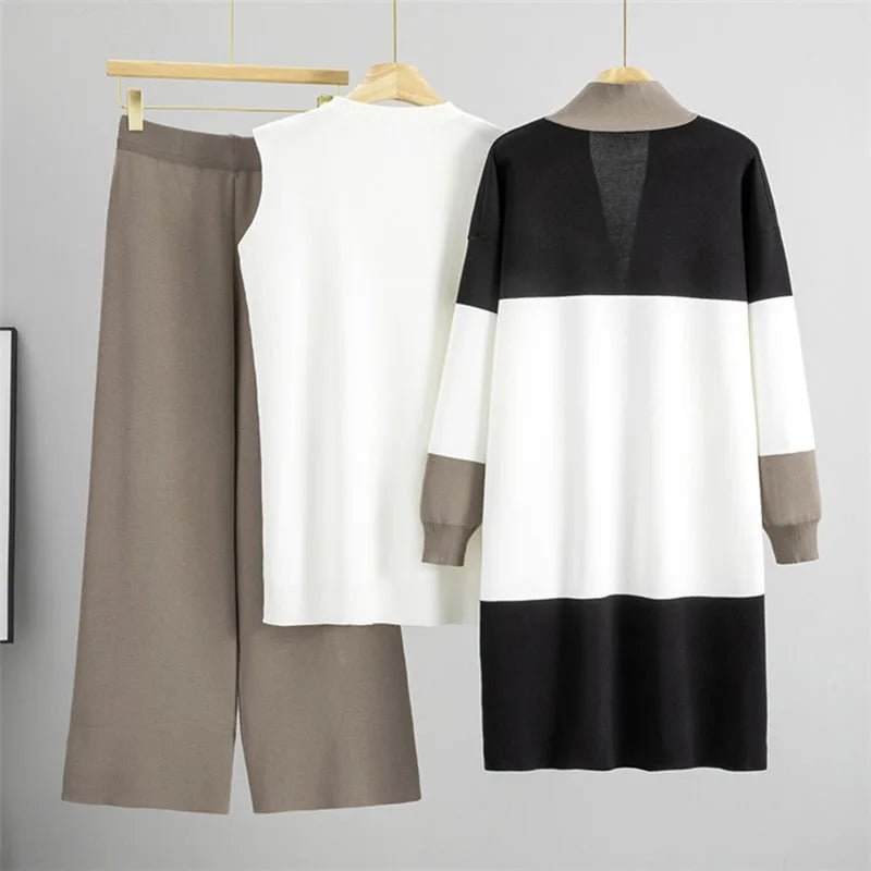 Korean Design Knitted 3 Piece Sets Women White Vest+mid Length Striped Sweater Cardigan Conjuntos High Waist Loose Pants Outfit.
