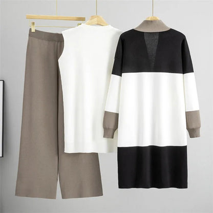 Korean Design Knitted 3 Piece Sets Women White Vest+mid Length Striped Sweater Cardigan Conjuntos High Waist Loose Pants Outfit.