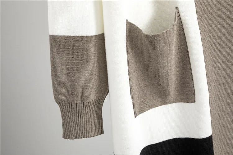 Korean Design Knitted 3 Piece Sets Women White Vest+mid Length Striped Sweater Cardigan Conjuntos High Waist Loose Pants Outfit.