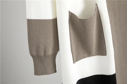 Korean Design Knitted 3 Piece Sets Women White Vest+mid Length Striped Sweater Cardigan Conjuntos High Waist Loose Pants Outfit.