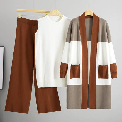 Korean Design Knitted 3 Piece Sets Women White Vest+mid Length Striped Sweater Cardigan Conjuntos High Waist Loose Pants Outfit.