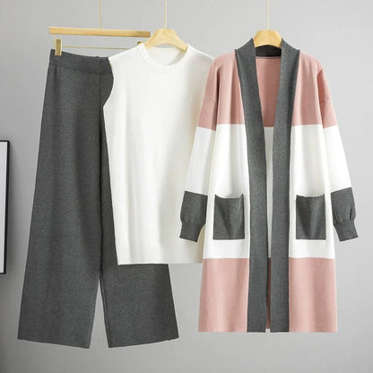 Korean Design Knitted 3 Piece Sets Women White Vest+mid Length Striped Sweater Cardigan Conjuntos High Waist Loose Pants Outfit.