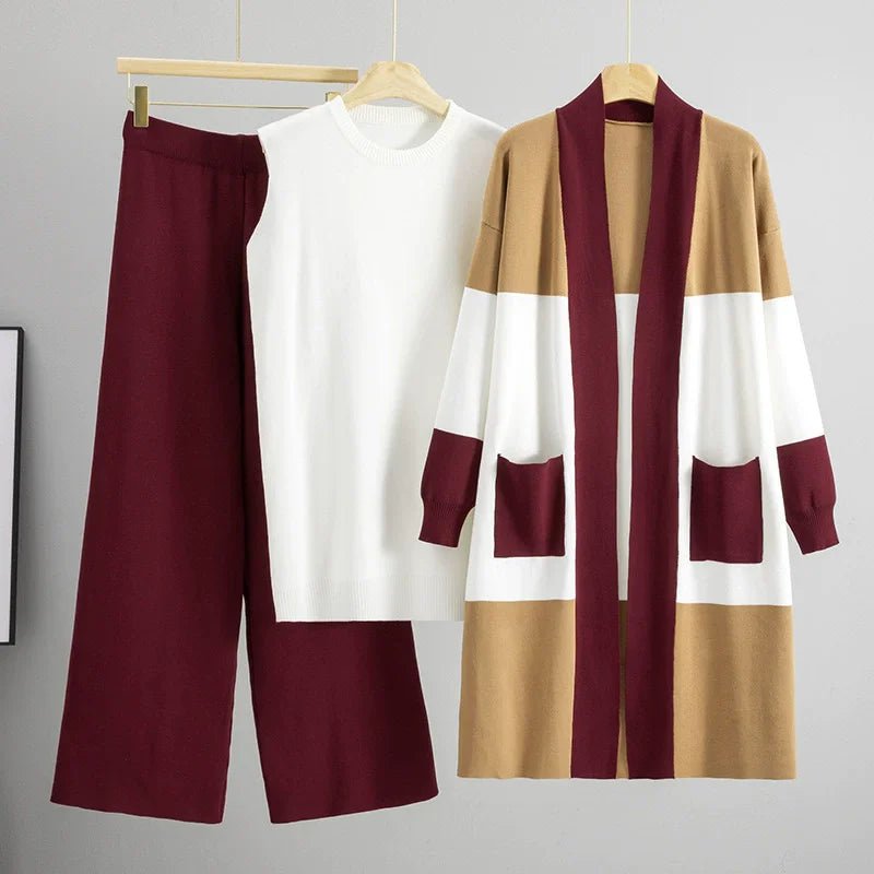 Korean Design Knitted 3 Piece Sets Women White Vest+mid Length Striped Sweater Cardigan Conjuntos High Waist Loose Pants Outfit.