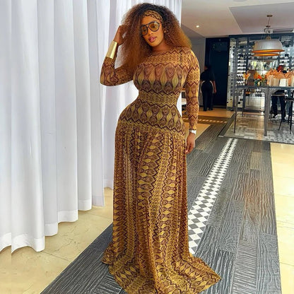 Vintage Printed Sexy See Through Mesh Women Dress Long Sleeve O Neck Slim Waist Big Hem Long Maxi Dress.
