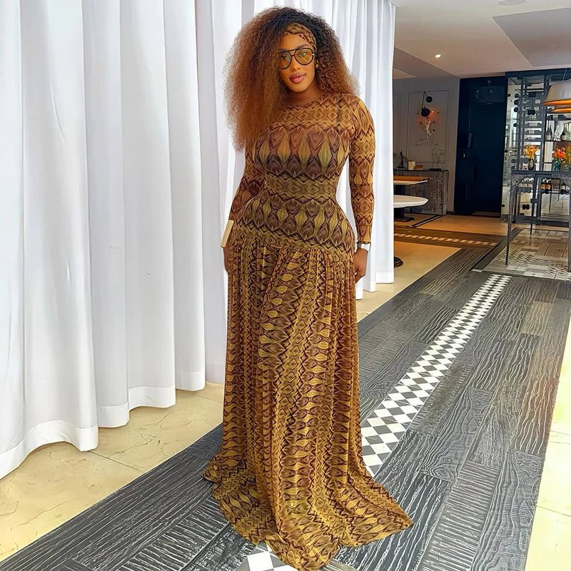 Vintage Printed Sexy See Through Mesh Women Dress Long Sleeve O Neck Slim Waist Big Hem Long Maxi Dress.