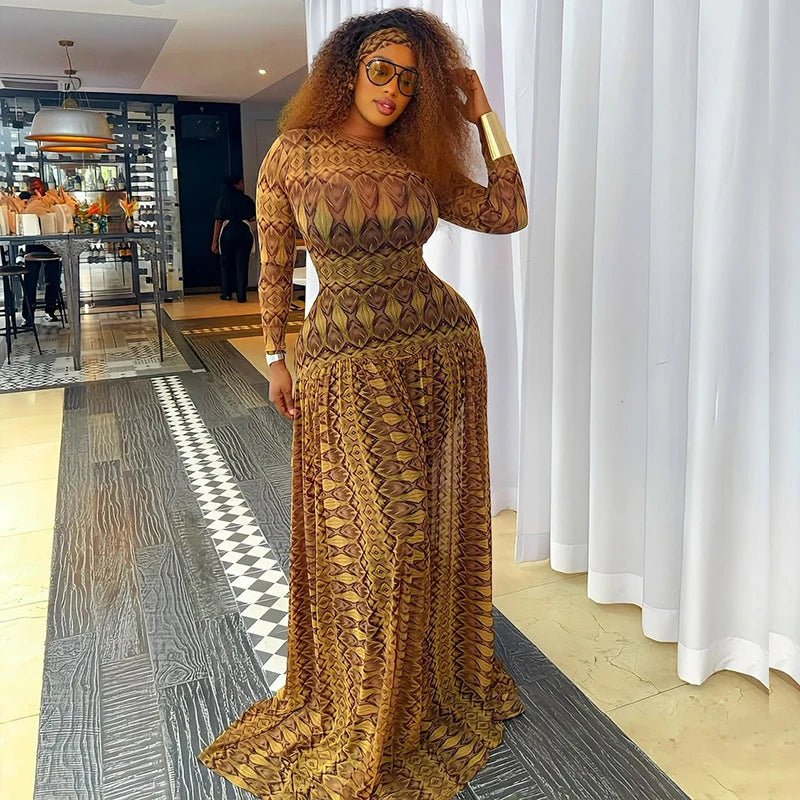 Vintage Printed Sexy See Through Mesh Women Dress Long Sleeve O Neck Slim Waist Big Hem Long Maxi Dress.