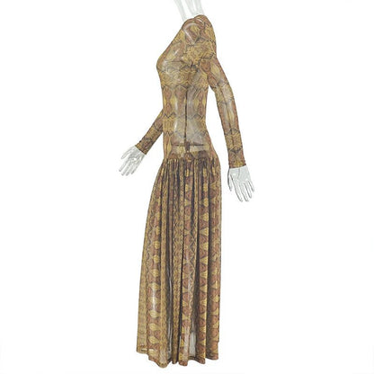 Vintage Printed Sexy See Through Mesh Women Dress Long Sleeve O Neck Slim Waist Big Hem Long Maxi Dress.