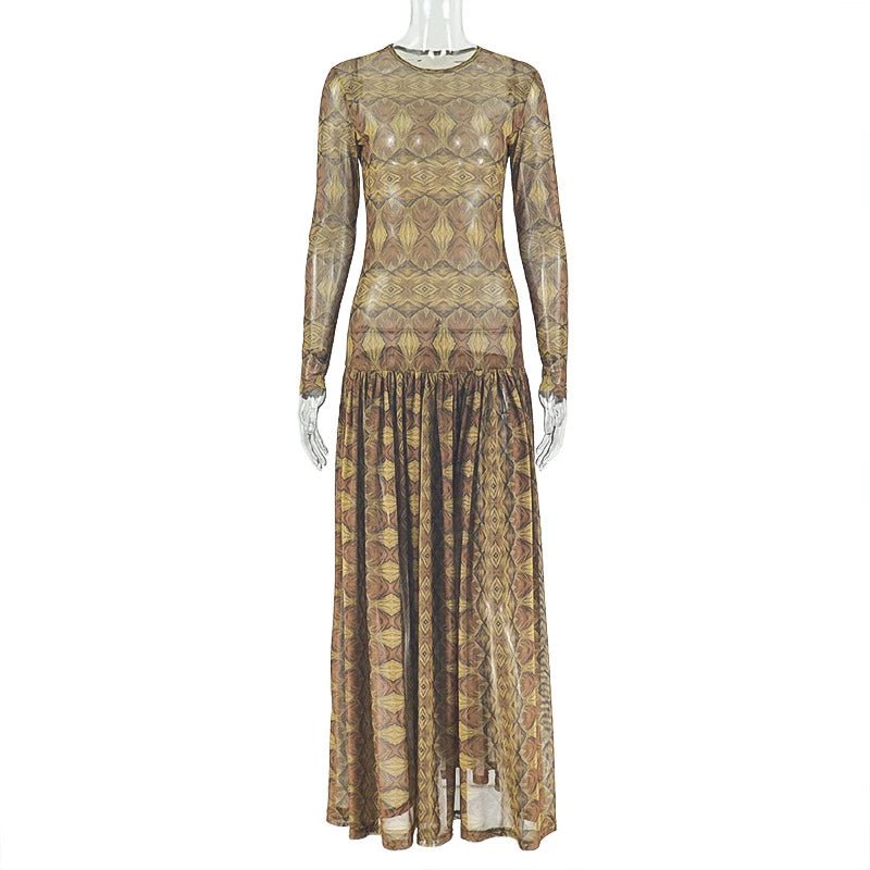 Vintage Printed Sexy See Through Mesh Women Dress Long Sleeve O Neck Slim Waist Big Hem Long Maxi Dress.