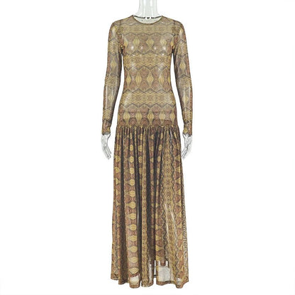 Vintage Printed Sexy See Through Mesh Women Dress Long Sleeve O Neck Slim Waist Big Hem Long Maxi Dress.