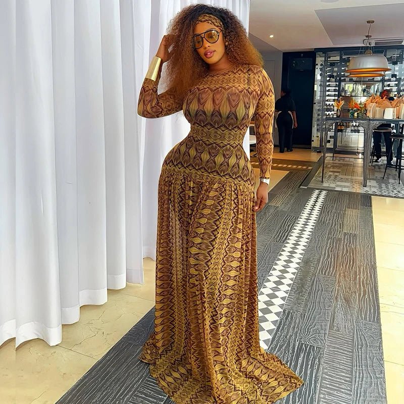 Vintage Printed Sexy See Through Mesh Women Dress Long Sleeve O Neck Slim Waist Big Hem Long Maxi Dress.