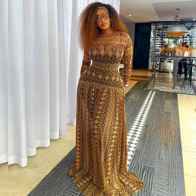 Vintage Printed Sexy See Through Mesh Women Dress Long Sleeve O Neck Slim Waist Big Hem Long Maxi Dress.