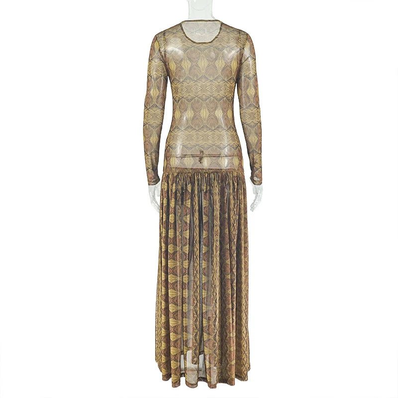 Vintage Printed Sexy See Through Mesh Women Dress Long Sleeve O Neck Slim Waist Big Hem Long Maxi Dress.