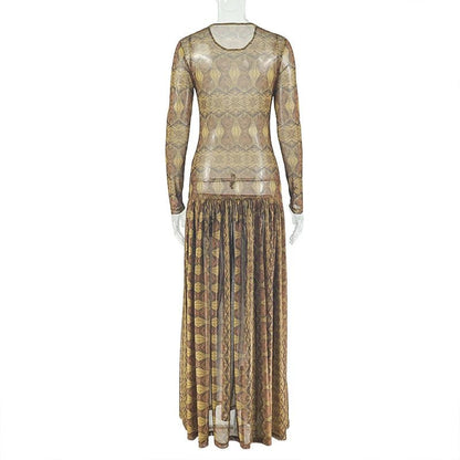Vintage Printed Sexy See Through Mesh Women Dress Long Sleeve O Neck Slim Waist Big Hem Long Maxi Dress.