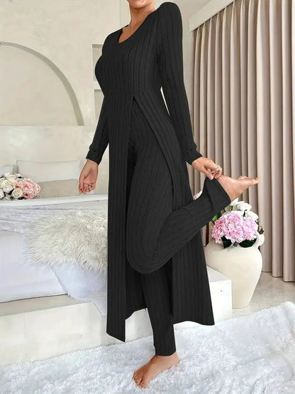 2025 Autumn Winter Home Casual Women's Suit Fashionable Solid Color Round Collar Super Long Slit Top Slim Trousers Two - piece Set - Tammise Market