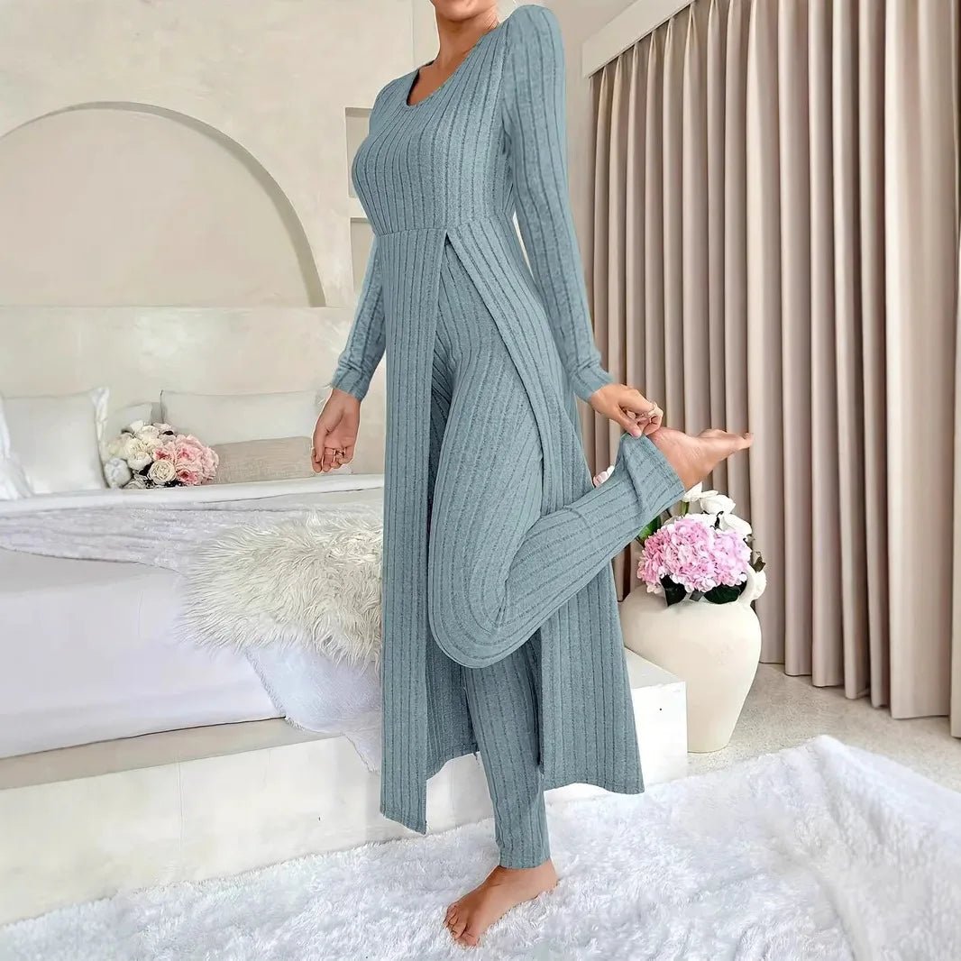 2025 Autumn Winter Home Casual Women's Suit Fashionable Solid Color Round Collar Super Long Slit Top Slim Trousers Two - piece Set - Tammise Market
