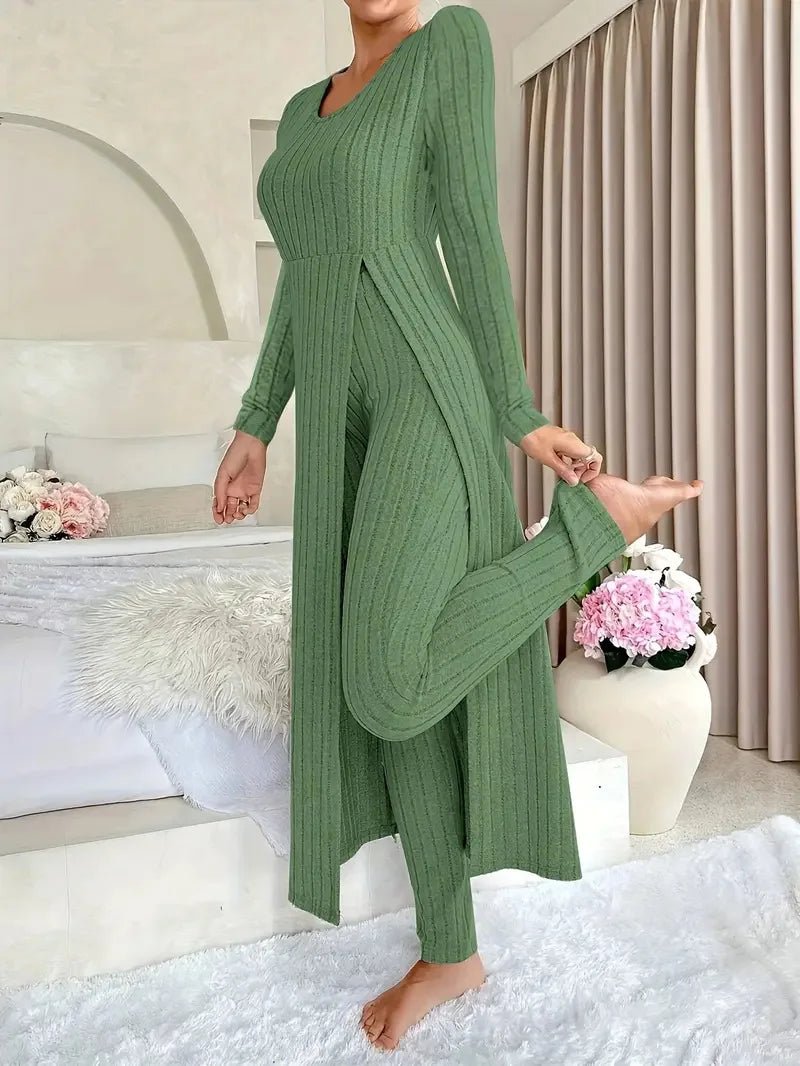 2025 Autumn Winter Home Casual Women's Suit Fashionable Solid Color Round Collar Super Long Slit Top Slim Trousers Two - piece Set - Tammise Market