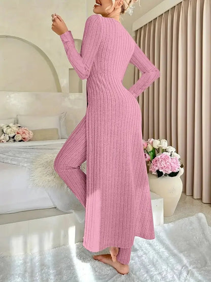 2025 Autumn Winter Home Casual Women's Suit Fashionable Solid Color Round Collar Super Long Slit Top Slim Trousers Two - piece Set - Tammise Market