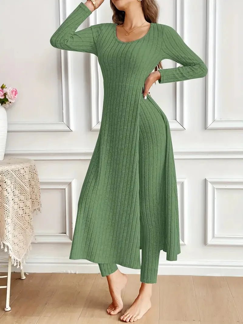 2025 Autumn Winter Home Casual Women's Suit Fashionable Solid Color Round Collar Super Long Slit Top Slim Trousers Two - piece Set - Tammise Market