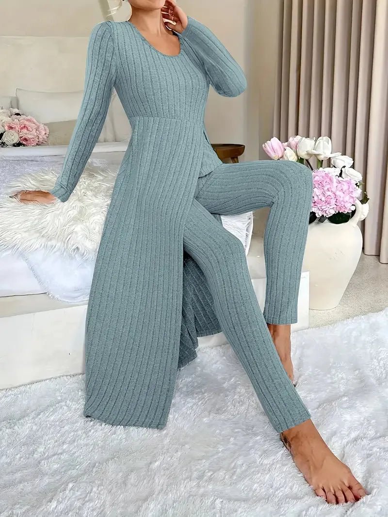 2025 Autumn Winter Home Casual Women's Suit Fashionable Solid Color Round Collar Super Long Slit Top Slim Trousers Two-piece Set.