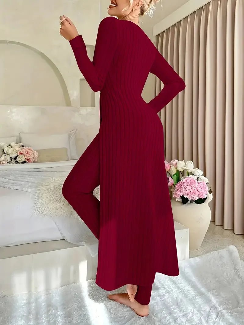 2025 Autumn Winter Home Casual Women's Suit Fashionable Solid Color Round Collar Super Long Slit Top Slim Trousers Two - piece Set - Tammise Market