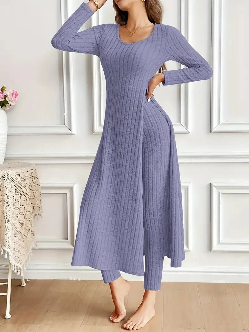2025 Autumn Winter Home Casual Women's Suit Fashionable Solid Color Round Collar Super Long Slit Top Slim Trousers Two - piece Set - Tammise Market