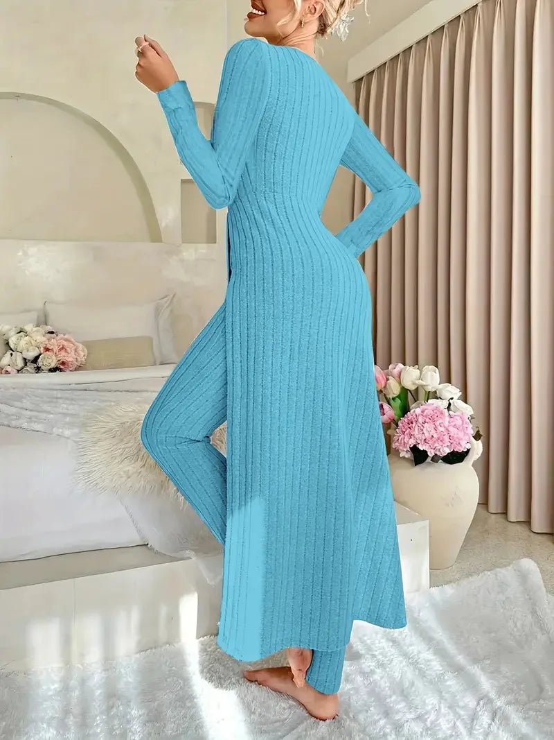 2025 Autumn Winter Home Casual Women's Suit Fashionable Solid Color Round Collar Super Long Slit Top Slim Trousers Two-piece Set.