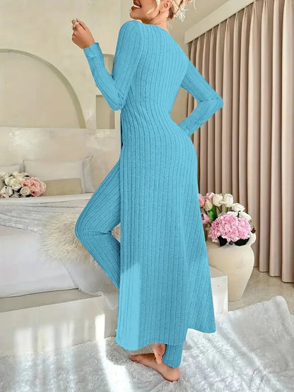 2025 Autumn Winter Home Casual Women's Suit Fashionable Solid Color Round Collar Super Long Slit Top Slim Trousers Two-piece Set.