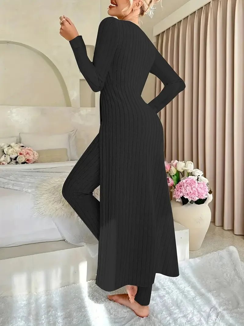 2025 Autumn Winter Home Casual Women's Suit Fashionable Solid Color Round Collar Super Long Slit Top Slim Trousers Two-piece Set.