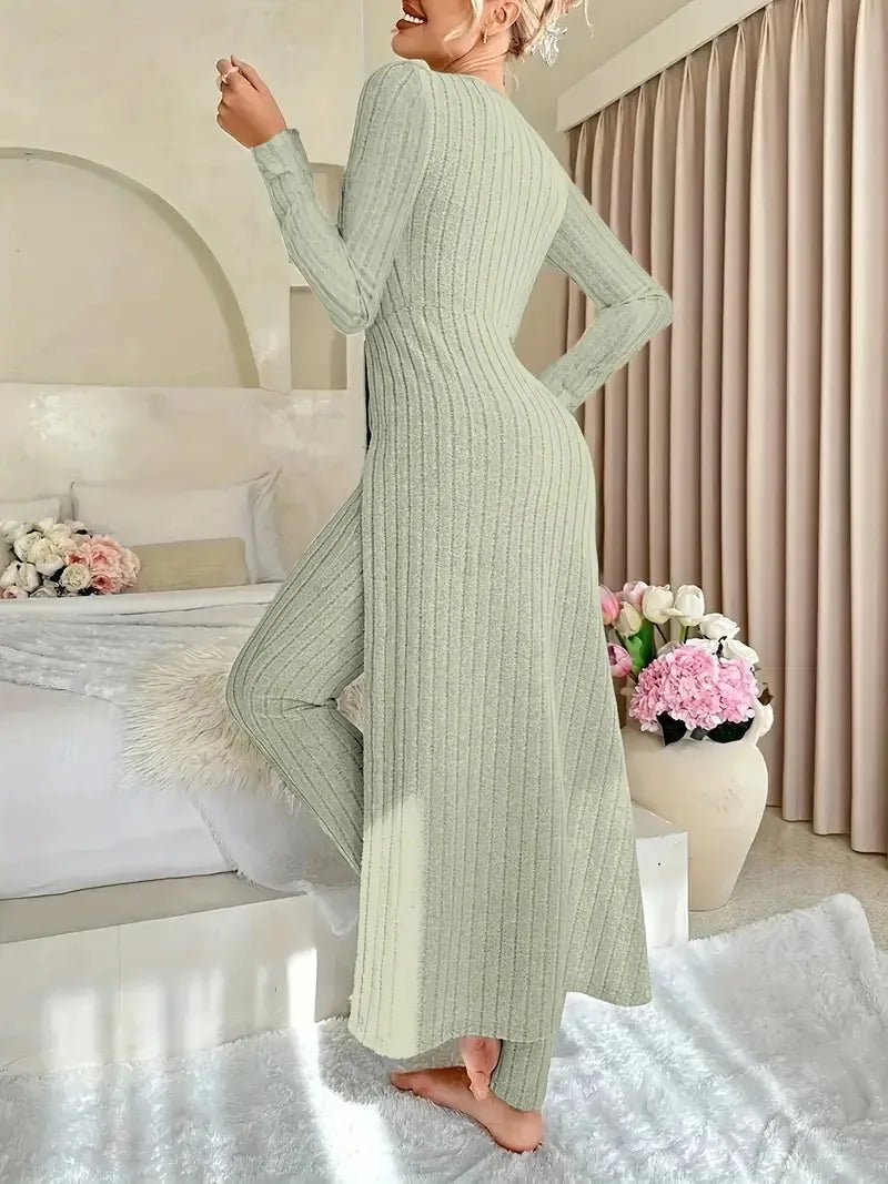 2025 Autumn Winter Home Casual Women's Suit Fashionable Solid Color Round Collar Super Long Slit Top Slim Trousers Two - piece Set - Tammise Market