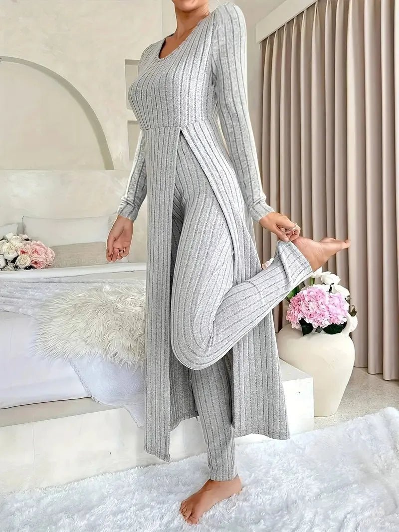 2025 Autumn Winter Home Casual Women's Suit Fashionable Solid Color Round Collar Super Long Slit Top Slim Trousers Two-piece Set.