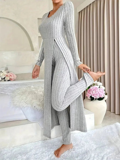 2025 Autumn Winter Home Casual Women's Suit Fashionable Solid Color Round Collar Super Long Slit Top Slim Trousers Two-piece Set.