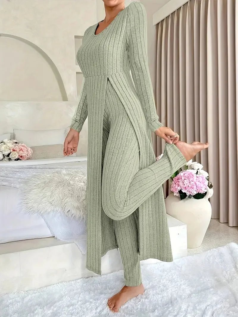 2025 Autumn Winter Home Casual Women's Suit Fashionable Solid Color Round Collar Super Long Slit Top Slim Trousers Two - piece Set - Tammise Market