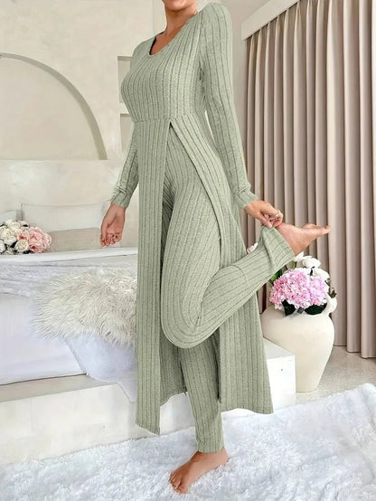 2025 Autumn Winter Home Casual Women's Suit Fashionable Solid Color Round Collar Super Long Slit Top Slim Trousers Two - piece Set - Tammise Market
