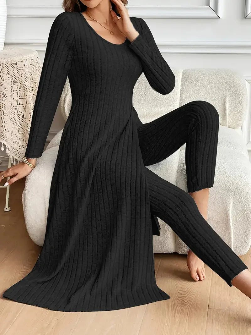 2025 Autumn Winter Home Casual Women's Suit Fashionable Solid Color Round Collar Super Long Slit Top Slim Trousers Two-piece Set.