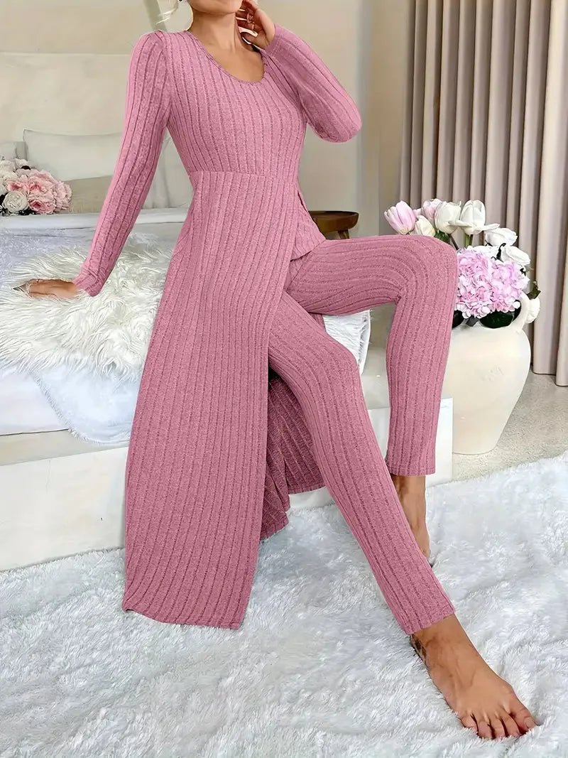 2025 Autumn Winter Home Casual Women's Suit Fashionable Solid Color Round Collar Super Long Slit Top Slim Trousers Two - piece Set - Tammise Market