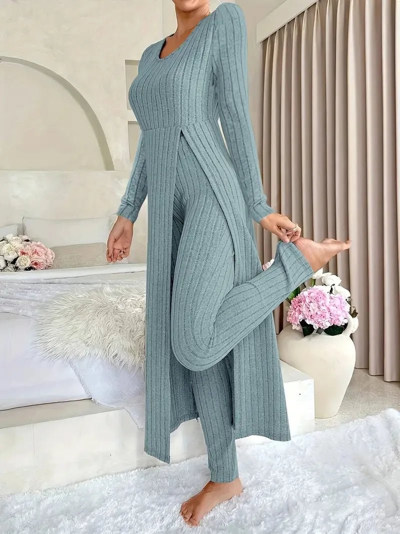 2025 Autumn Winter Home Casual Women's Suit Fashionable Solid Color Round Collar Super Long Slit Top Slim Trousers Two-piece Set.