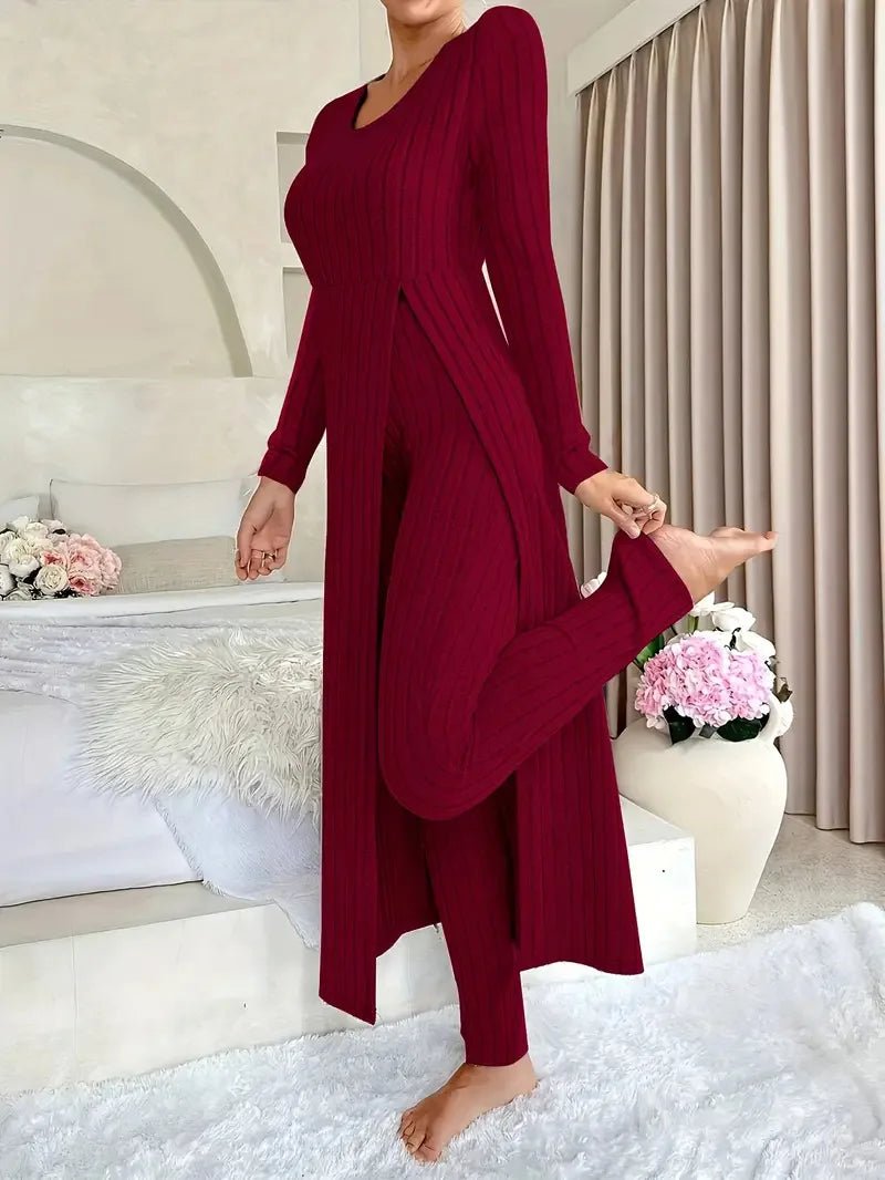 2025 Autumn Winter Home Casual Women's Suit Fashionable Solid Color Round Collar Super Long Slit Top Slim Trousers Two - piece Set - Tammise Market