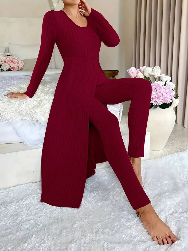 2025 Autumn Winter Home Casual Women's Suit Fashionable Solid Color Round Collar Super Long Slit Top Slim Trousers Two - piece Set - Tammise Market