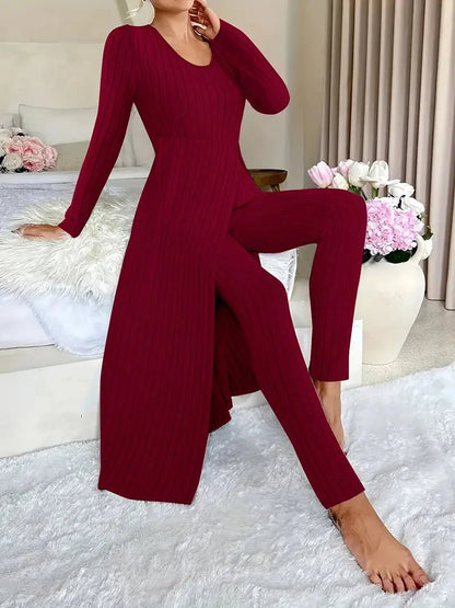2025 Autumn Winter Home Casual Women's Suit Fashionable Solid Color Round Collar Super Long Slit Top Slim Trousers Two - piece Set - Tammise Market