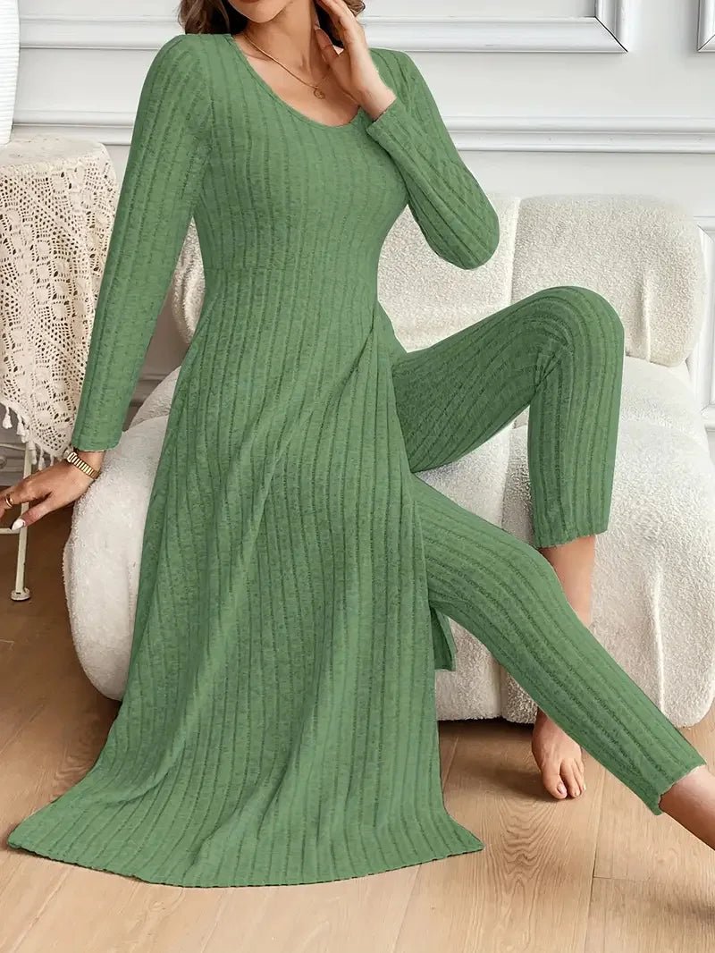 2025 Autumn Winter Home Casual Women's Suit Fashionable Solid Color Round Collar Super Long Slit Top Slim Trousers Two - piece Set - Tammise Market