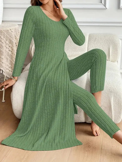 2025 Autumn Winter Home Casual Women's Suit Fashionable Solid Color Round Collar Super Long Slit Top Slim Trousers Two - piece Set - Tammise Market