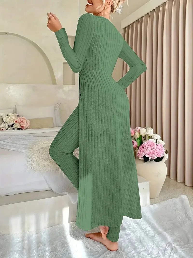 2025 Autumn Winter Home Casual Women's Suit Fashionable Solid Color Round Collar Super Long Slit Top Slim Trousers Two - piece Set - Tammise Market