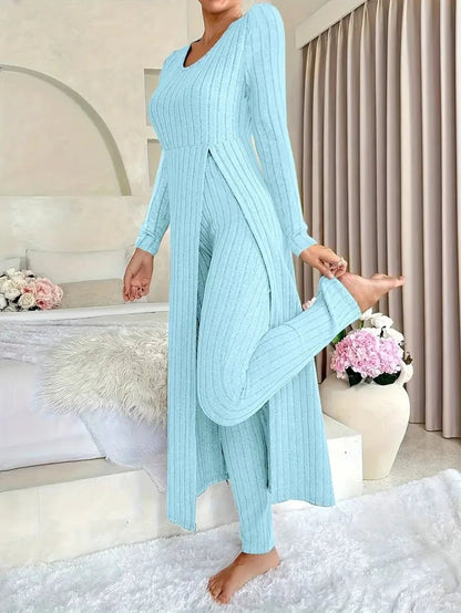 2025 Autumn Winter Home Casual Women's Suit Fashionable Solid Color Round Collar Super Long Slit Top Slim Trousers Two - piece Set - Tammise Market