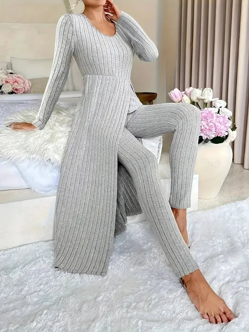2025 Autumn Winter Home Casual Women's Suit Fashionable Solid Color Round Collar Super Long Slit Top Slim Trousers Two - piece Set - Tammise Market