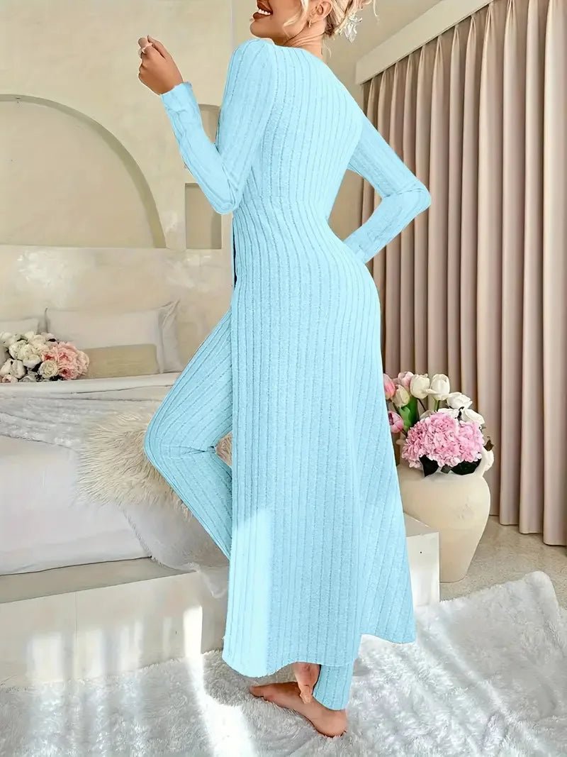 2025 Autumn Winter Home Casual Women's Suit Fashionable Solid Color Round Collar Super Long Slit Top Slim Trousers Two - piece Set - Tammise Market