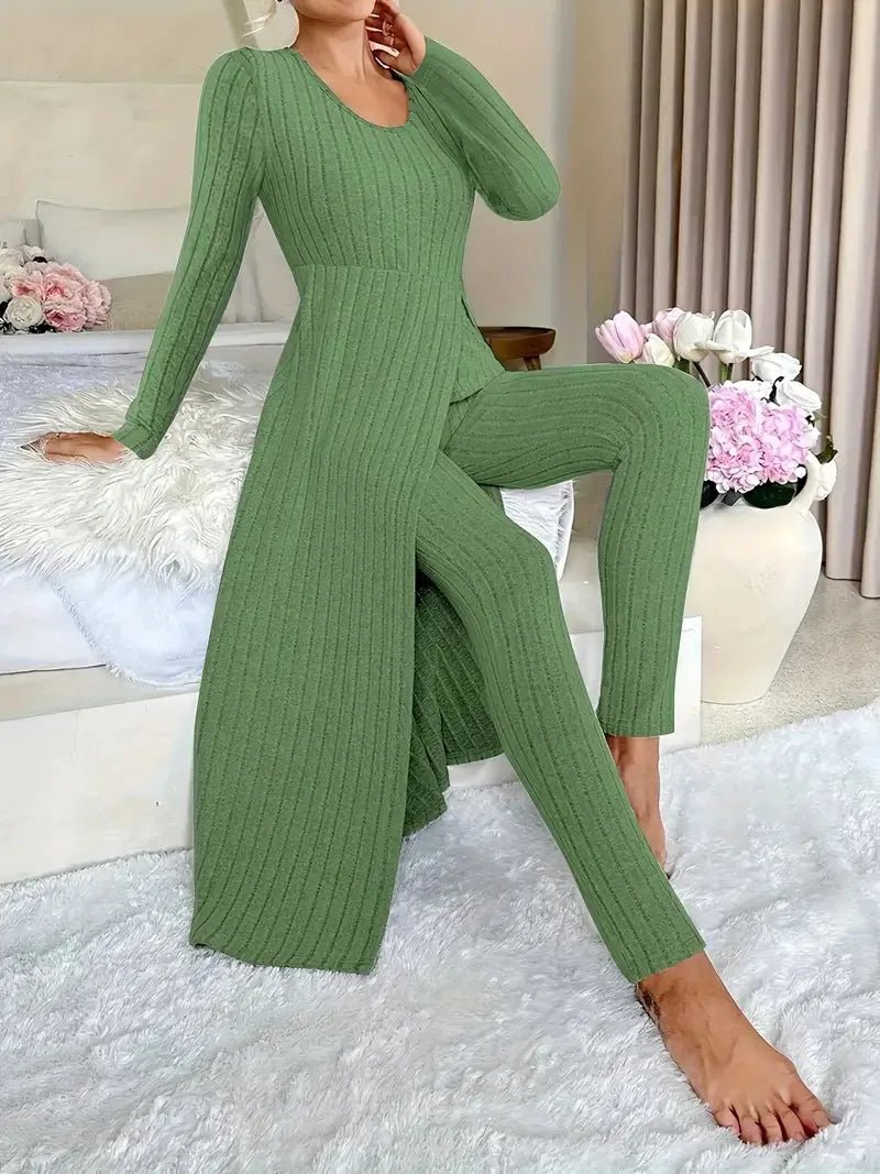 2025 Autumn Winter Home Casual Women's Suit Fashionable Solid Color Round Collar Super Long Slit Top Slim Trousers Two - piece Set - Tammise Market