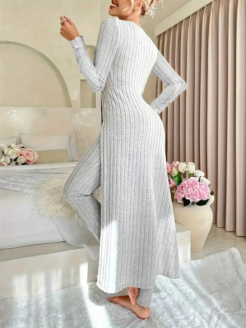 2025 Autumn Winter Home Casual Women's Suit Fashionable Solid Color Round Collar Super Long Slit Top Slim Trousers Two - piece Set - Tammise Market