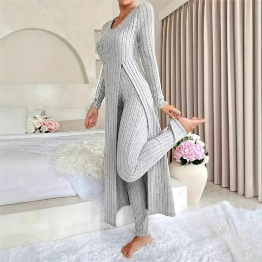 2025 Autumn Winter Home Casual Women's Suit Fashionable Solid Color Round Collar Super Long Slit Top Slim Trousers Two-piece Set.
